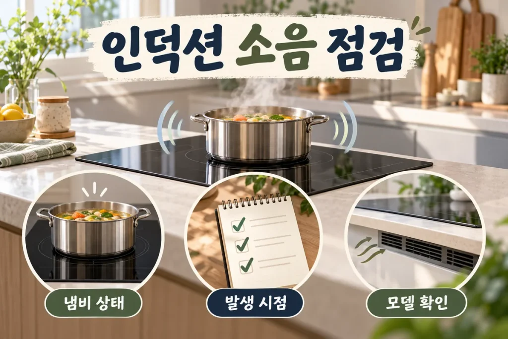 인덕션 소음이 신경 쓰일 때, 냄비 진동·냉각팬·발생 시점 확인 순서