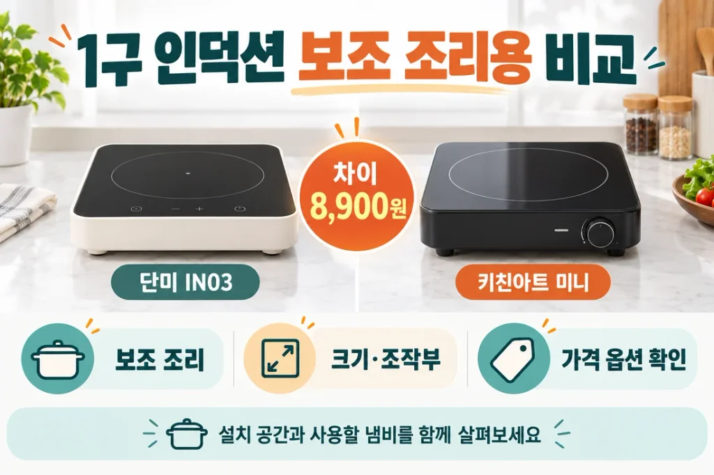 보조 조리용 1구 인덕션 비교, 단미 IN03·키친아트 미니와 8,900원 차이