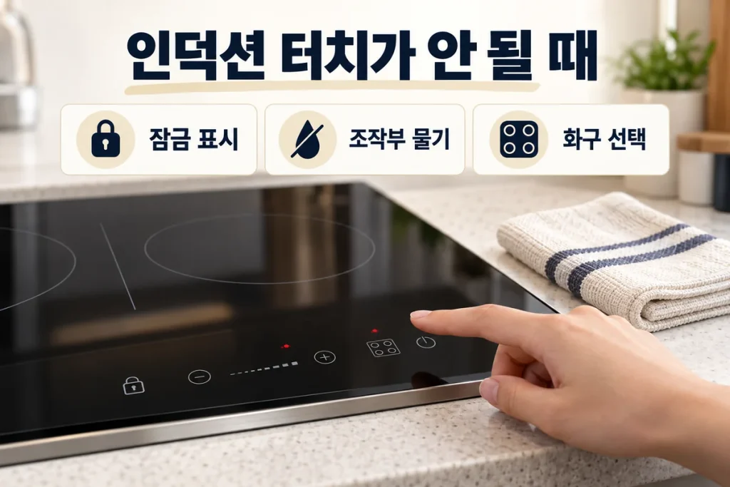 인덕션 터치가 안 될 때, 잠금·조작부 물기·화구 선택 확인 순서